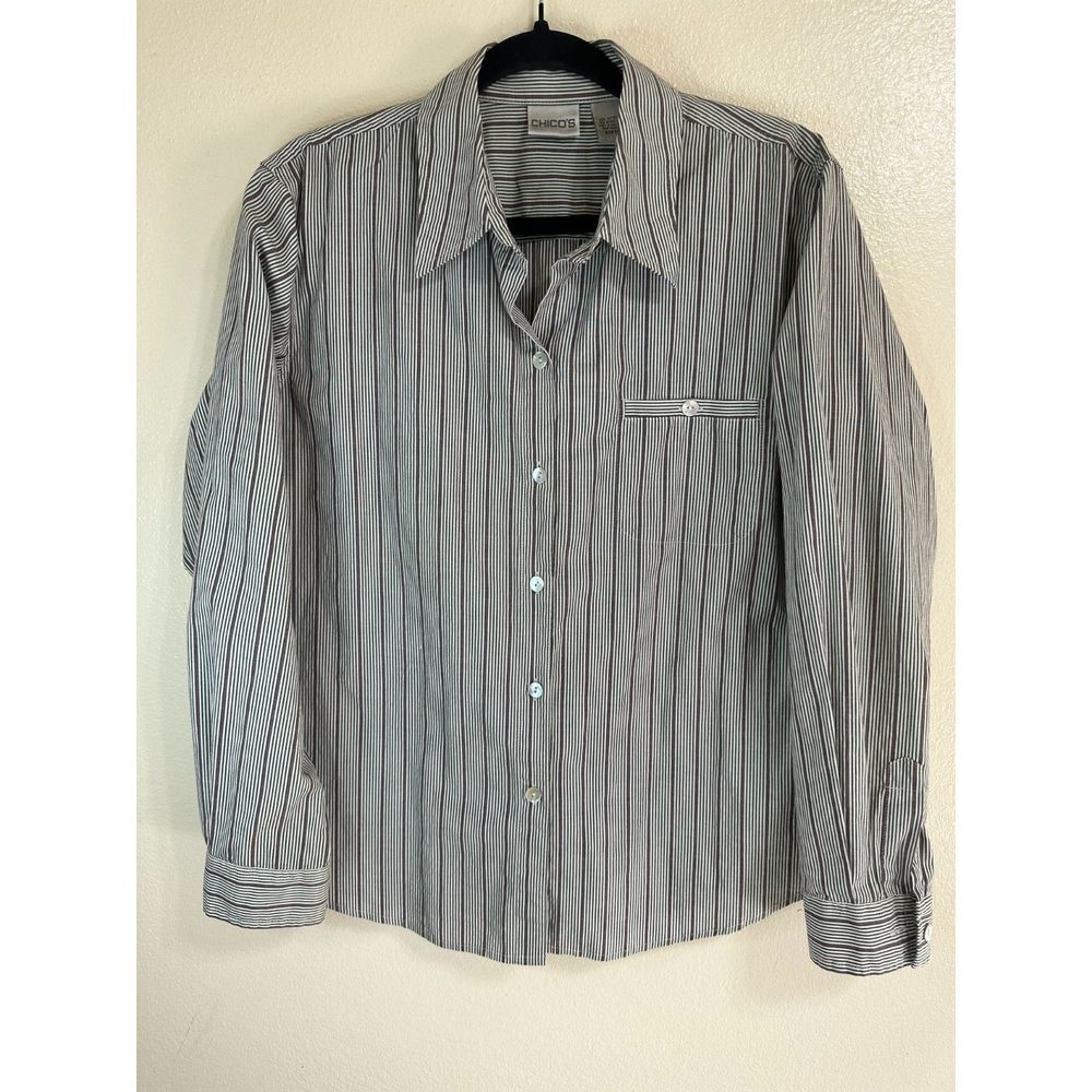 Chicos Black/Red Pinstripe Career Button Down Blouse, Size 2 (1X)